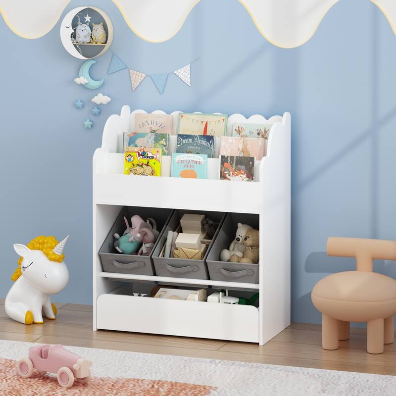 Anmytek Wooden Toddler Bookshelf with Storage Bins Drawer Multifunctional Nursery Book Toy Organizer