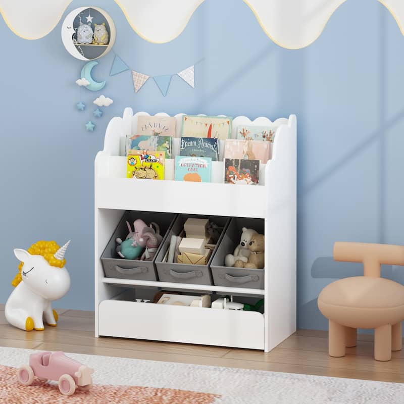 Kids Bookshelf with Storage Bins and Drawer,Multi-Functional Wooden Book Organizer for Toddlers,White Bookcase for Toys, Books