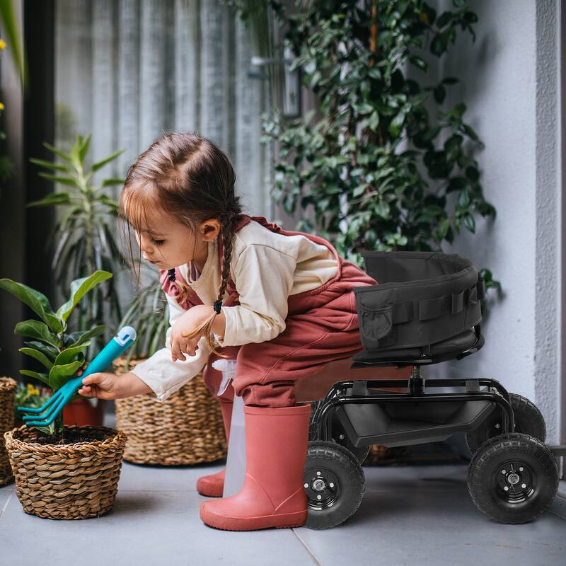 Rolling Garden Cart with Cushioned 360° Swivel Seat, Extendable Handle, Inflatable Wheels - 35" x 29.1" x 23.6"
