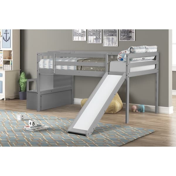 slide 2 of 6, Grey Twin Pine Loft Bed with Staircase, Slide & Guardrails Grey