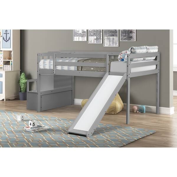 slide 2 of 5, Grey Twin Size Pine Wood Loft Bed with Slide, Staircase, Storage, Full-length Guardrails Grey
