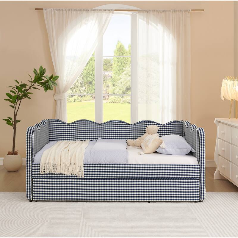Cozy Gingham Daybed with Trundle Bed, Twin Size Upholstered Sofa Bed with USB Port, Linen Fabric Twin Sofa Bed Frame - Navy - Twin