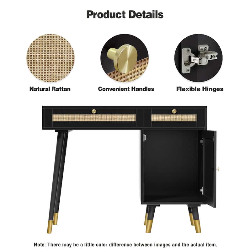 Modern Computer Desk with Drawers Wood Rattan Home Office Desk Writing Desk with File Cabinet