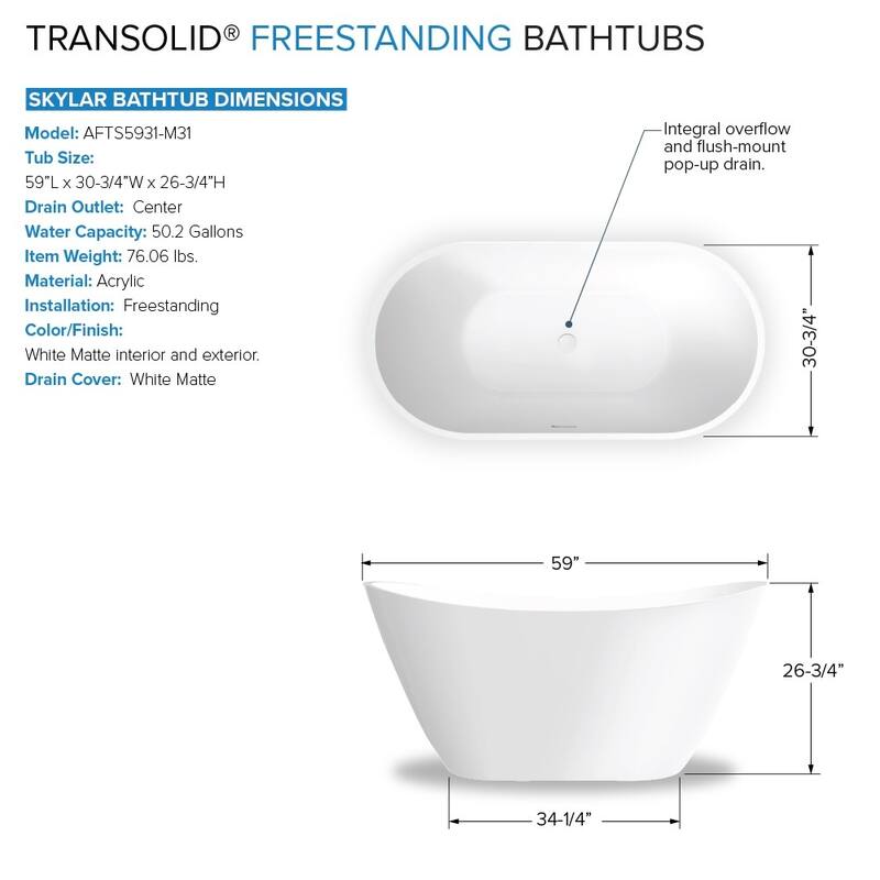 Transolid K-AFTS5931-M31 Skylar 59" Free Standing Acrylic Soaking Tub