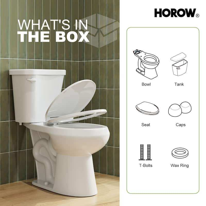 HOROW 2 Piece ADA Height Round Toilet White 1.28 GPF Strong Flush Quiet Soft Close Seat