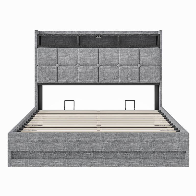 VECELO Lift Up Storage Bed Frame with LED Lights, USB Charging Ports, Hydraulic Platform, 2-Tier Headboard Shelves, Full & Queen