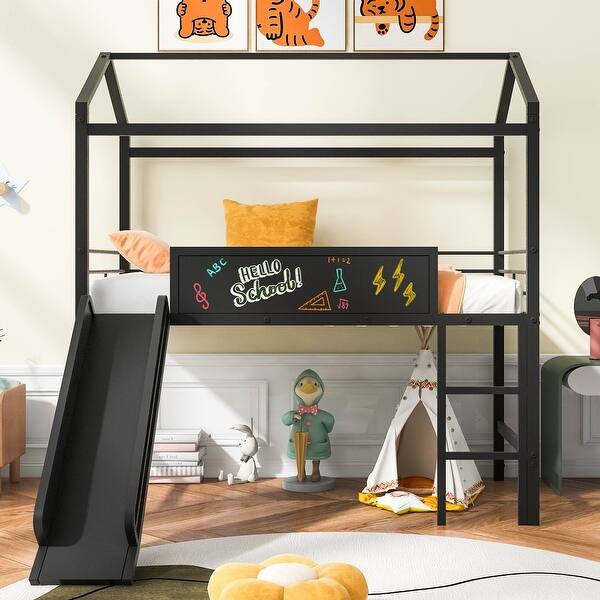 slide 2 of 12, Twin Size Metal House Kids Bed Loft Bed with Slide,Two-sided Board Black