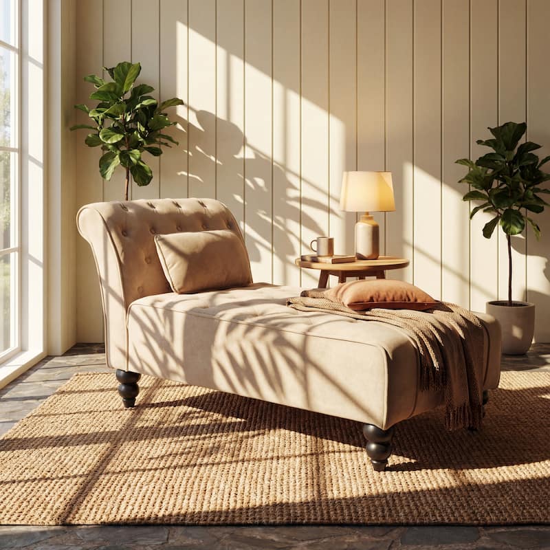 Christopher Knight Home - Classic Indoor Velvet Upholstered Button-Tufted Chaise Lounge Chair with Solid Wood Legs - 54.5"L - Camel