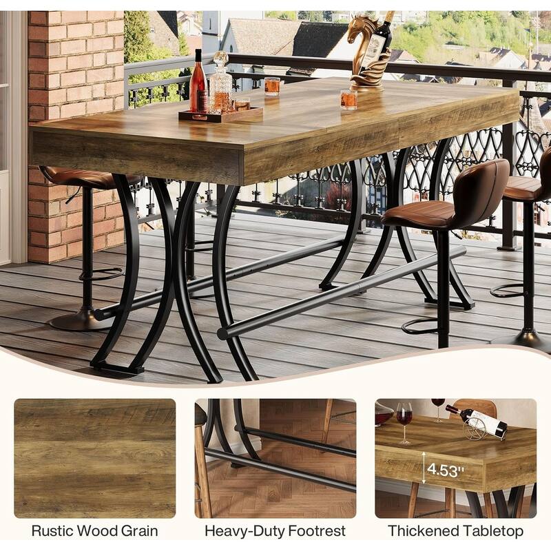 63" Counter Height Bar Table with Metal Footrest, Rectangular Tall Pub Table - 62.99"L x 27.56"W x 35.43"H
