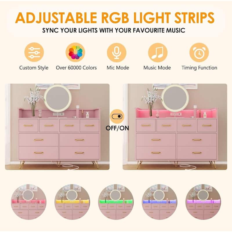 8 Drawer Dresser for Bedroom with LED Light, Charging Station & Open Shelf