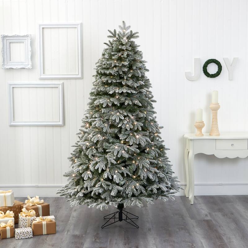 7Ft Flocked Christmas Tree with Warm White Lights - Farmhouse Mountain Fir Holiday Decor - Green - 84