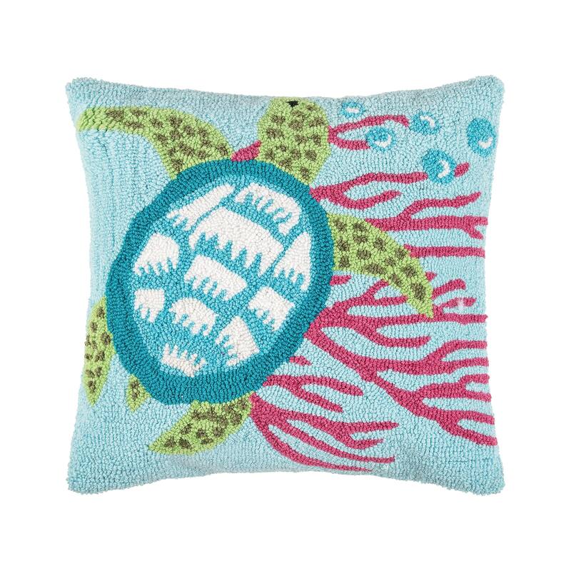 18" x 18" Coral & Turtle Hooked Throw Pillow