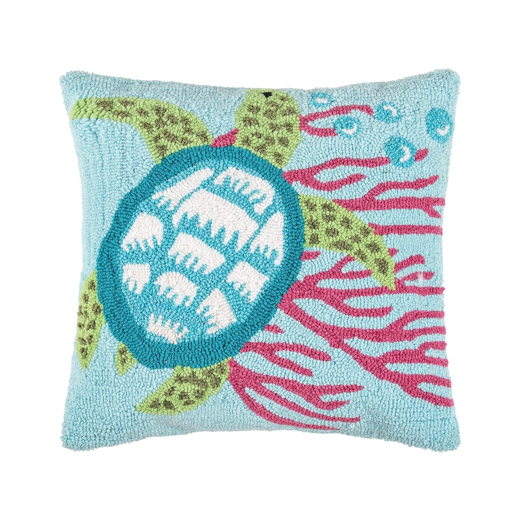 18" x 18" Coral & Turtle Hooked Throw Pillow