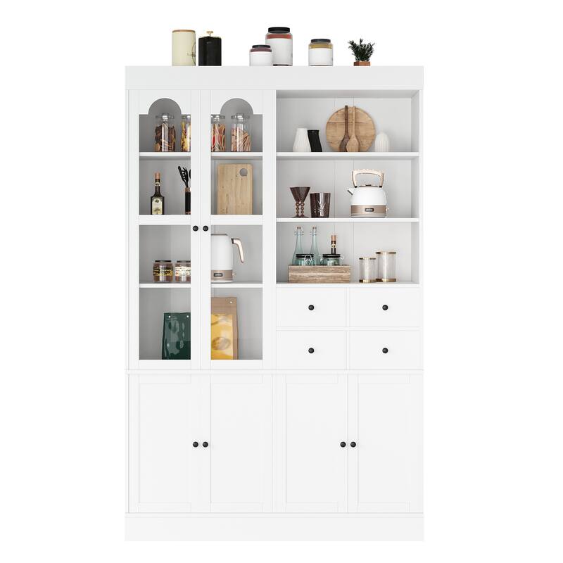 Tall Kitchen Pantry Cabinet, 75" Freestanding Buffet with Hutch, 4 Drawers, Door Shelves & Pull-Out Trays, Dining Room Storage