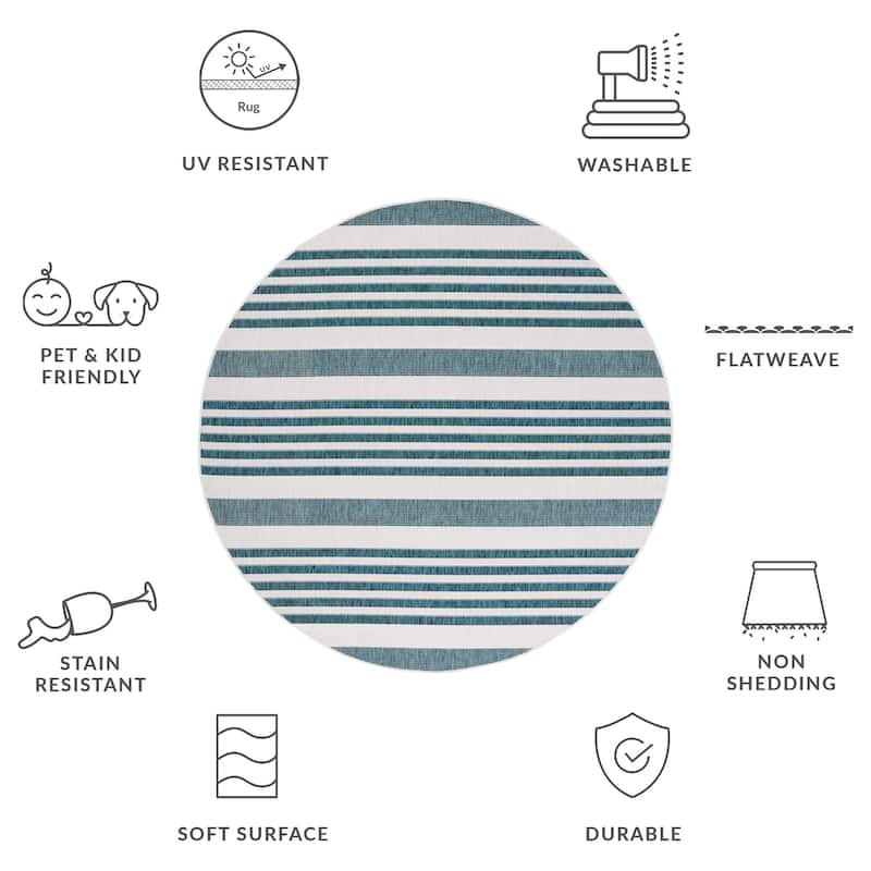 SAFAVIEH Courtyard Grietje Indoor /Outdoor Waterproof Patio Backyard Rug - 6'7" Round - Ivory/Teal