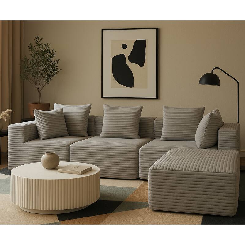 Grey Corduroy Modular Sectional Sofa 4 Seat Magic Cube Design 107" Wide No Assembly Required Compressed Foam Cushions