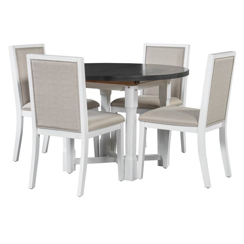 5-Piece Extendable Dining Table Set for 4, Round Dining Table for 4 with Upholstered Chairs, Farmhouse Kitchen Table Set