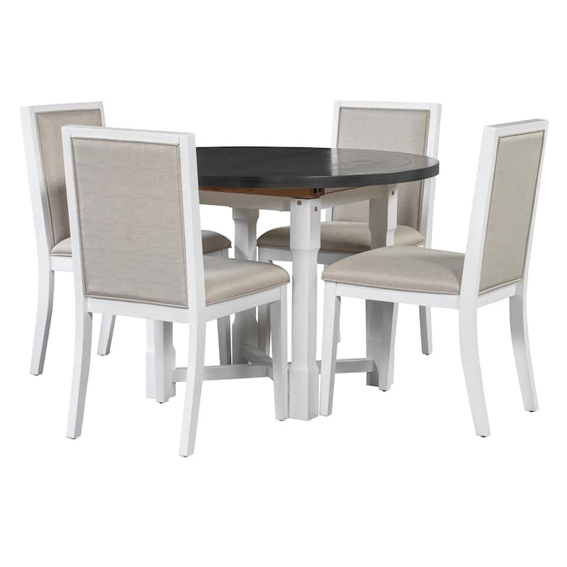 Roomfitters 5-Piece Extendable Round Farmhouse Dining Set with Upholstered Chairs for Kitchen or Dining Room