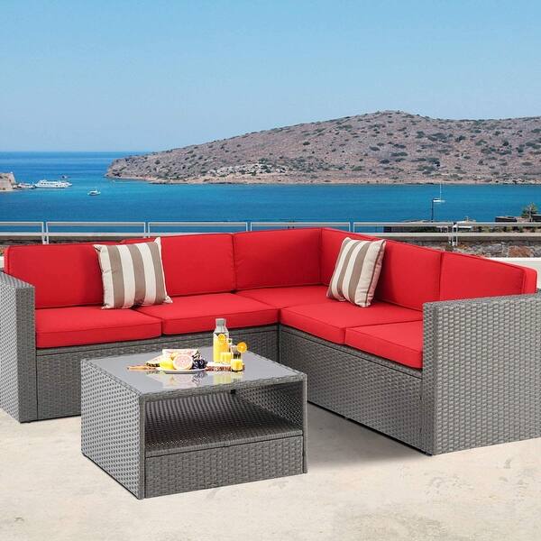 Shop Solaura Outdoor 4 Piece Patio Rattan Sectional Sofa Set Grey Overstock 31144391