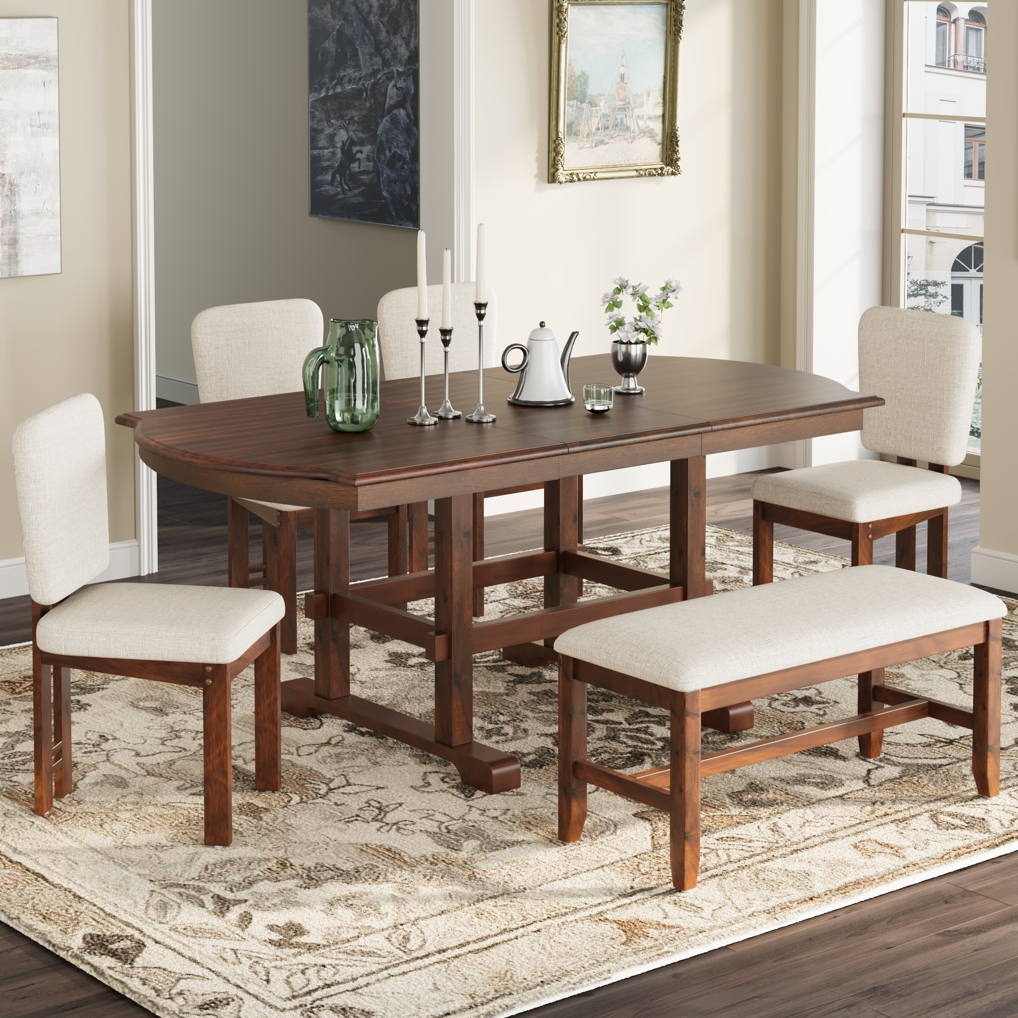 6-Piece Traditional Dining Table Set, 78" Extendable Wood Table with 18" Removable Leaf, 4 Upholstered Dining Chairs & 1 Bench