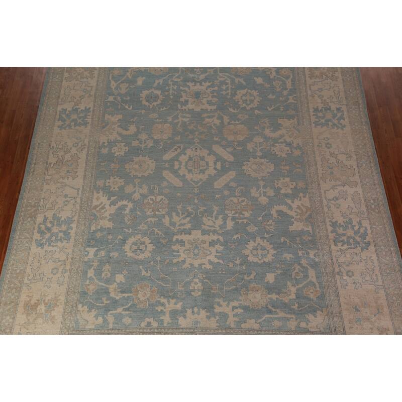 Floral Vegetable Dye Blue Oushak Turkishrug Hand-Knotted Wool Carpet - 9'7"x 13'3"