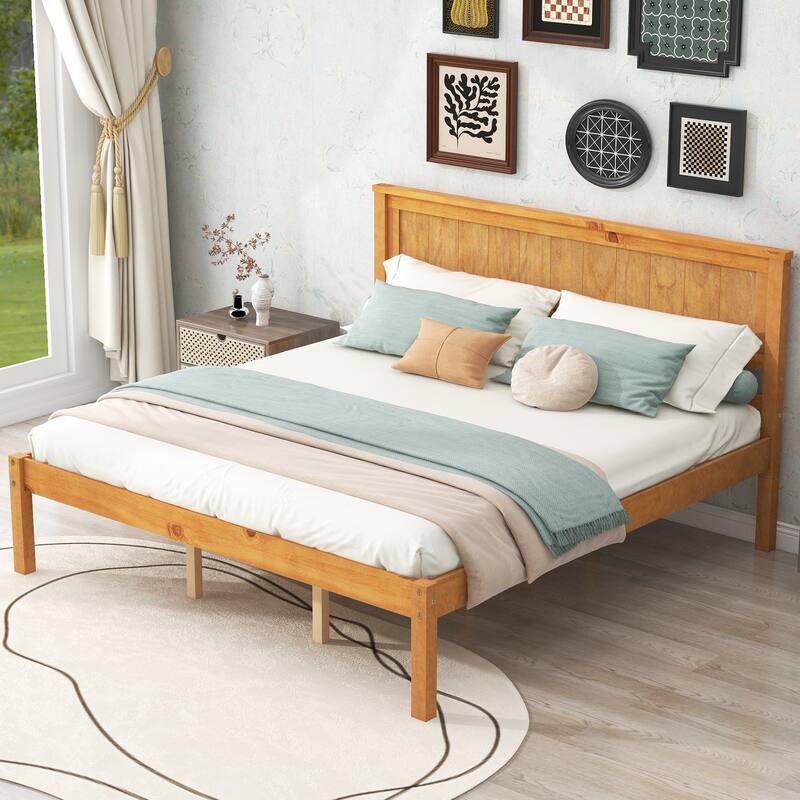 Queen Size Wooden Bed Frame, Low-Profile Platform Bed with Slat and Center Legs Support for Bedroom, Apartment, Brown - Brown
