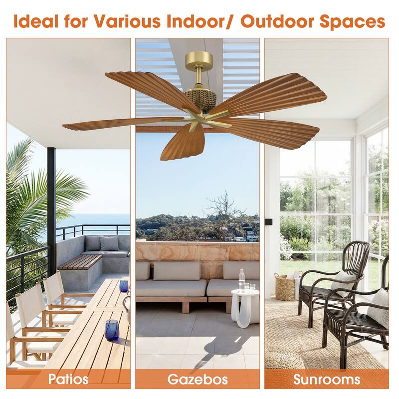 56" Brown Tropical Pleated Leaf 5-Blade Indoor Outdoor Ceiling Fan with Remote, No Light