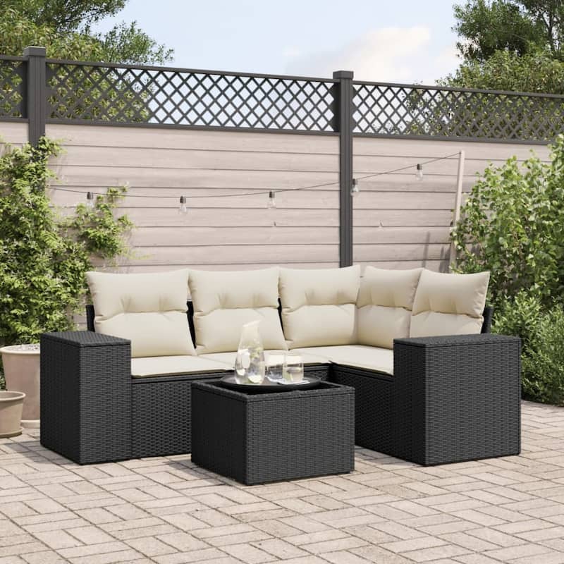 vidaXL Patio Sofa Set with Cushions Outdoor Conversation Furniture Poly Rattan - Black and cream with table - 21.7 x 21.7 x 14.6