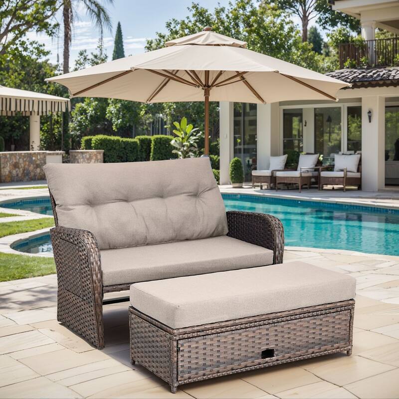 Chaise Lounge Outdoor Double PE Wicker Rattan Patio Reclining Chair - Brown - Beige