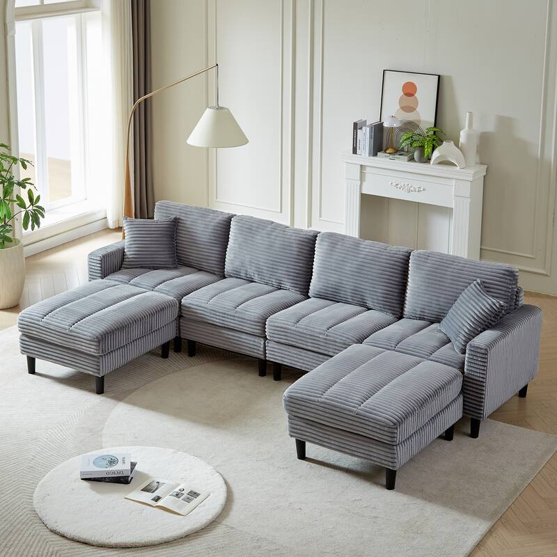 122.5" Corduroy U-Shaped Sectional Sofa with Ottomans & Pillows - Grey