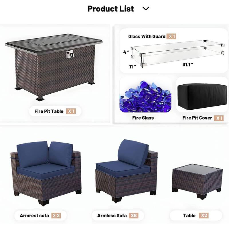 Kullavik 15 Pieces Outdoor Patio Furniture Set with Fire Pit Table