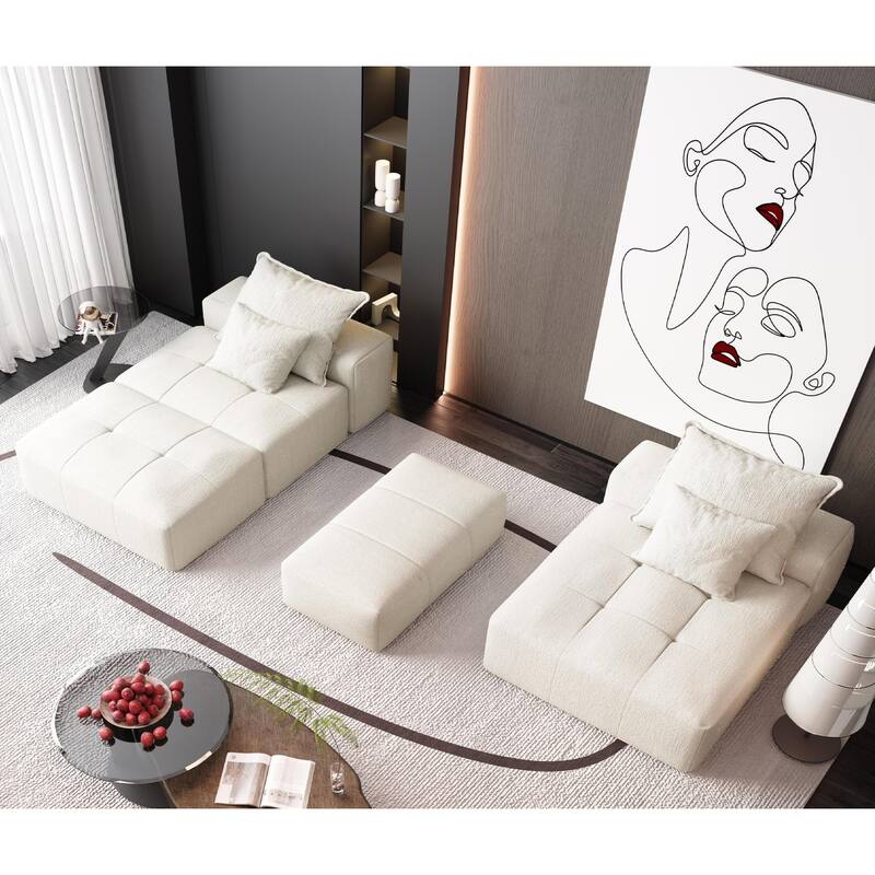 Oversized Floor Sectional Sofa with Ottoman & Chaise Lounge, Chenille Fabric Modular Couch with 4 Pillows for Living Room