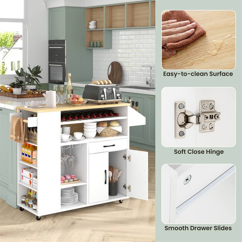 Gymax Drop-Leaf Kitchen Island Cart w/ Power Outlet Wine Rack Glass