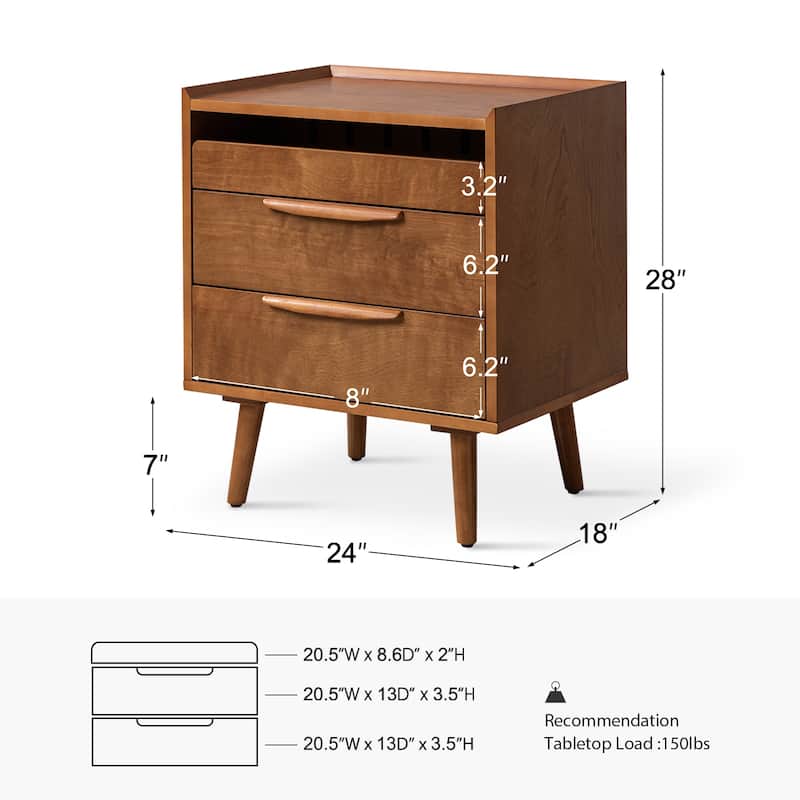 Lisa Mid-Century Modern 3-Drawer Nightstand with Charging Station by HULALA HOME