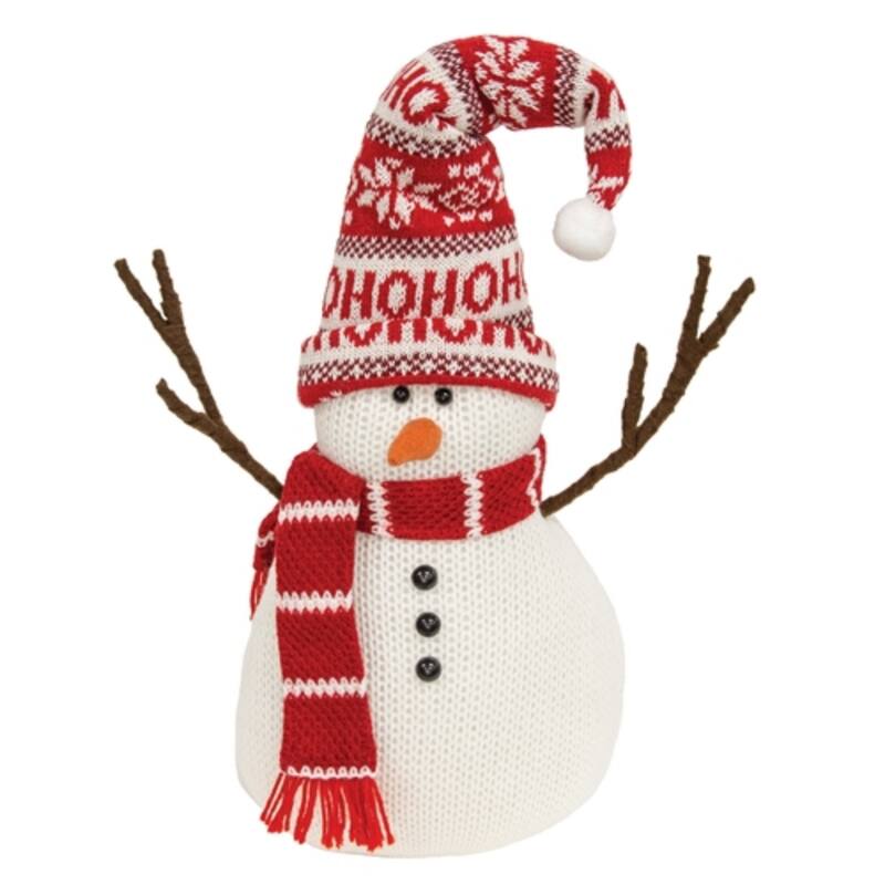 Ho Ho Ho Plush Snowman Sitter Christmas Shelf Decoration - 8” x 5” x 22” - White-Red