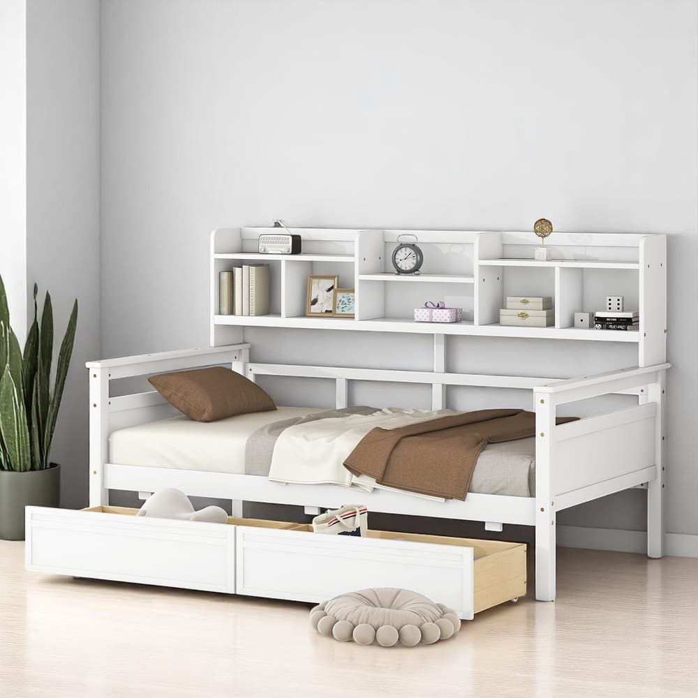 Wooden Twin/Full Daybed with 2 Storage Drawers and Bedside Shelves, No Box Spring Needed, Modern Design