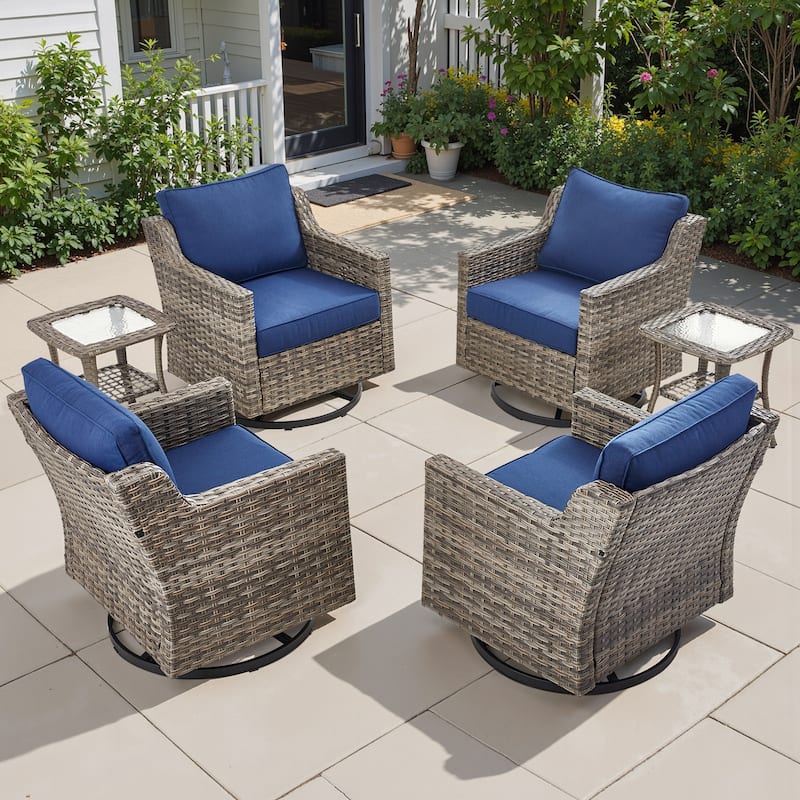 Pocassy Outdoor All-Weather Outdoor Sofa, Swivel Chair, Ottoman Sets - Grey Wicker Blue Cushion - 6 Pieces Swivel Chair with Side Table