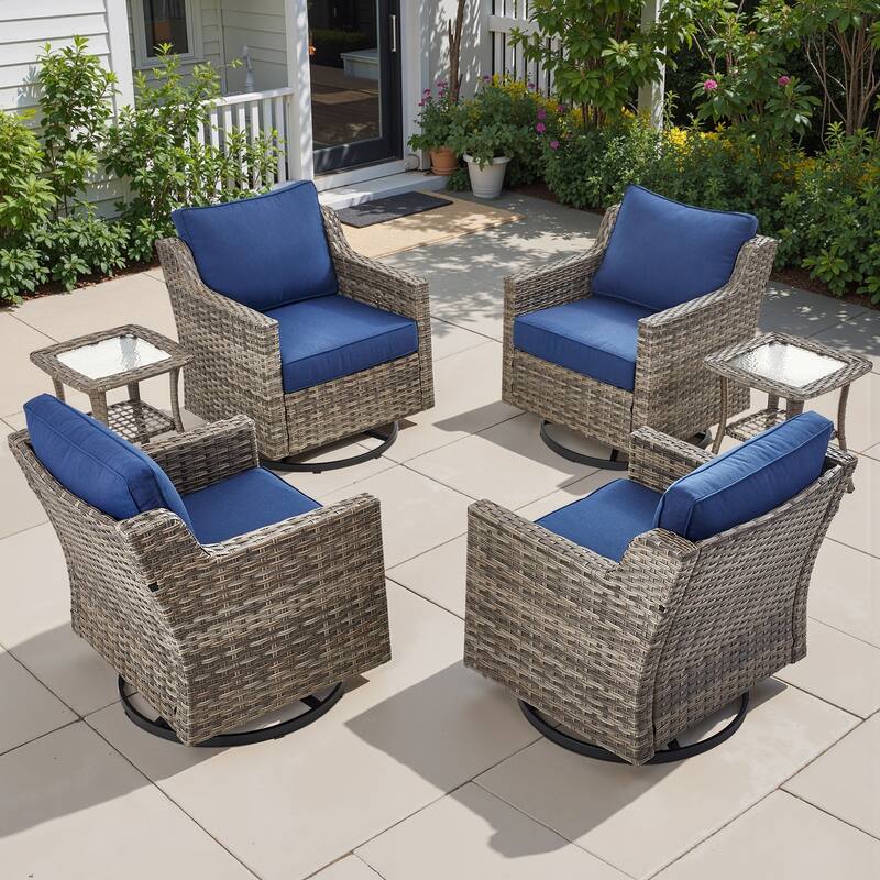 Pocassy Wicker Patio Glider Swivel Chair Ottoman Furniture Set. - Blue Cushion Gray Wicker - 6-Piece Swivel Chair Table Set