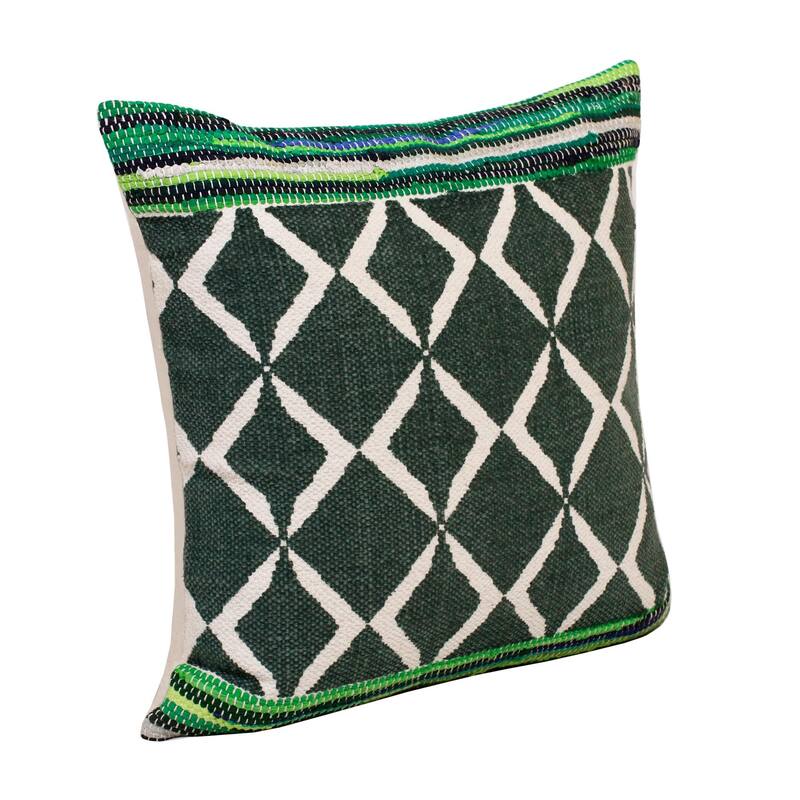 Hand Woven Boho Geometric Square Throw Pillow - 20" - Green and White