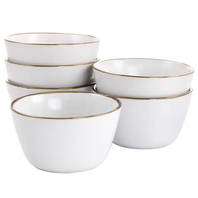 Elama Arthur 6 Piece Stoneware Bowl Set in Matte White with Gold Rim - 5.6 Inch