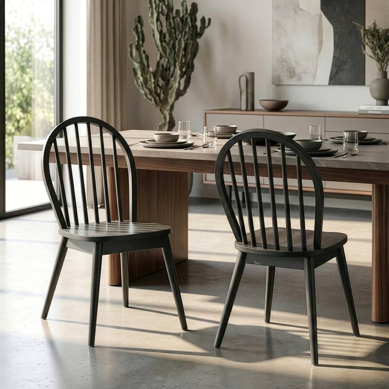 Set of 2 Astra Black Solid Wood Chair with Windsor Back