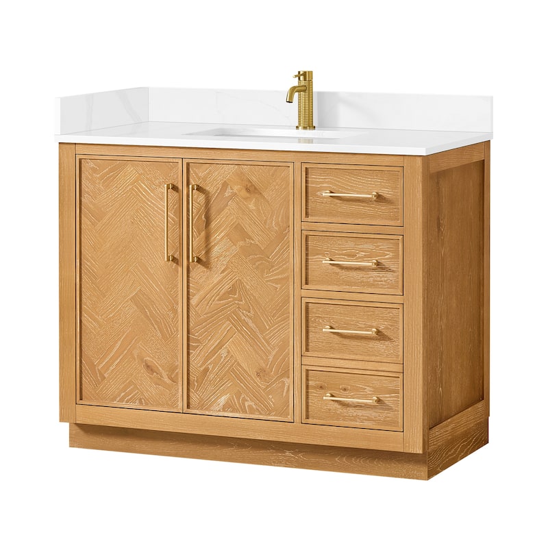 Jakarta Bath Vanity with Quartz Stone Top without Mirror - Oak Natural Brown - 42in.
