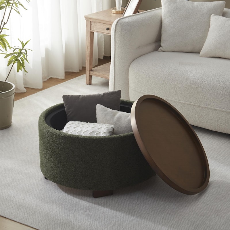 Huimo Modern round wooden tray Ottoman with Storage
