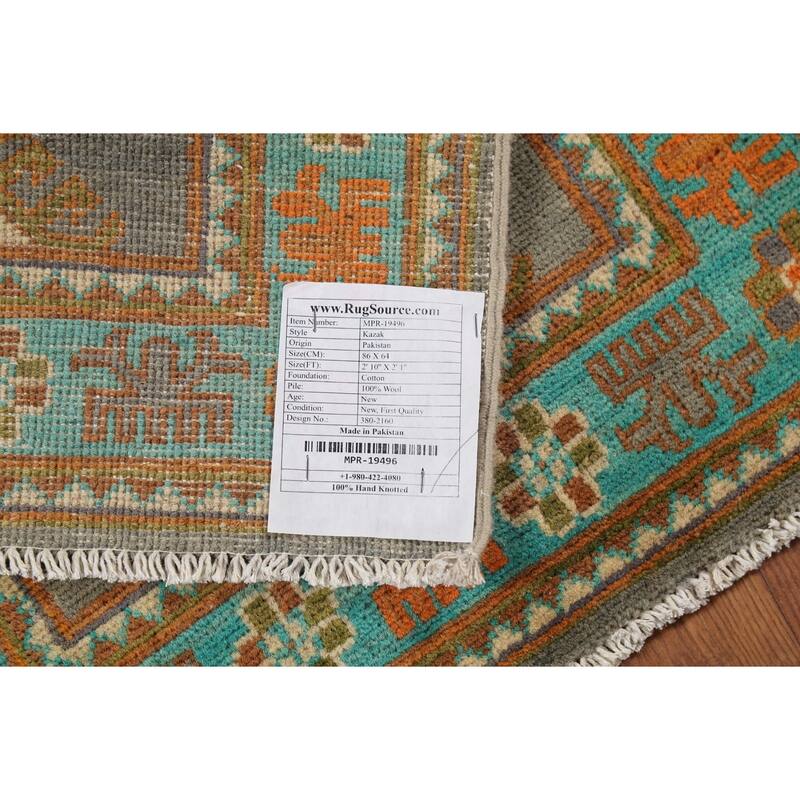 Gray Geometric Kazak Accent Rug Hand-Knotted Geometric Wool Carpet - 2'1"x 2'10"