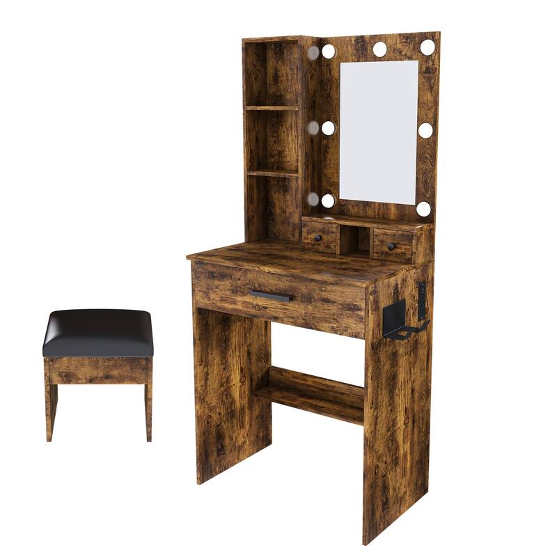 Vanity Desk with Mirror & LED Lights, Makeup Table with Power Outlet, Hairdryer Holder & Stool, Compact Dressing Table Set