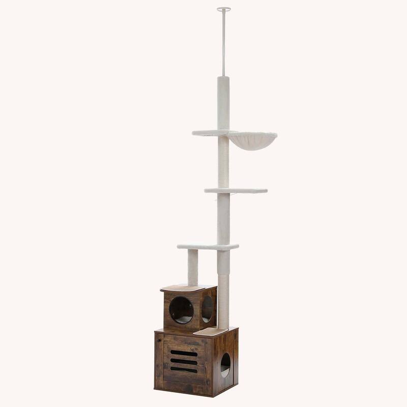 Adjustable Hright 6-Tiers Floor to Ceiling Cat Tree with Litter Box
