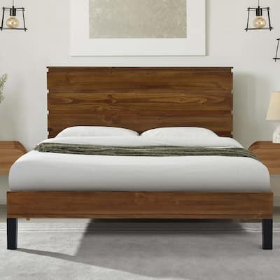 Brown Solid Wood Frame Platform Bed with Six-Piece Headboard Design