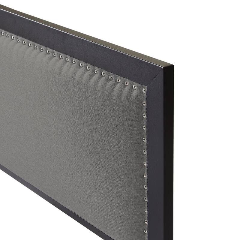 Metal Bed Frame with Linen Upholstered Nailhead Headboard, Platform Bed with 12.6" Under Bed Storage, No Box Spring Needed