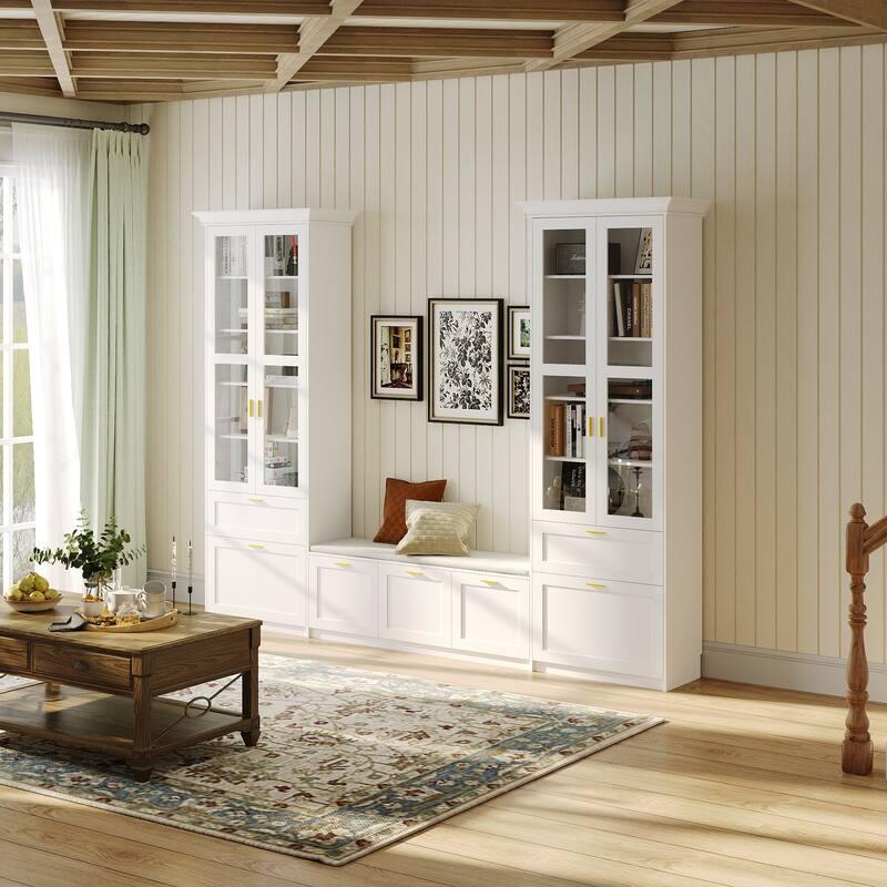 Display Cabinet Set w/Tempered Glass Doors and Storage Bench Bookshelves Bookcase