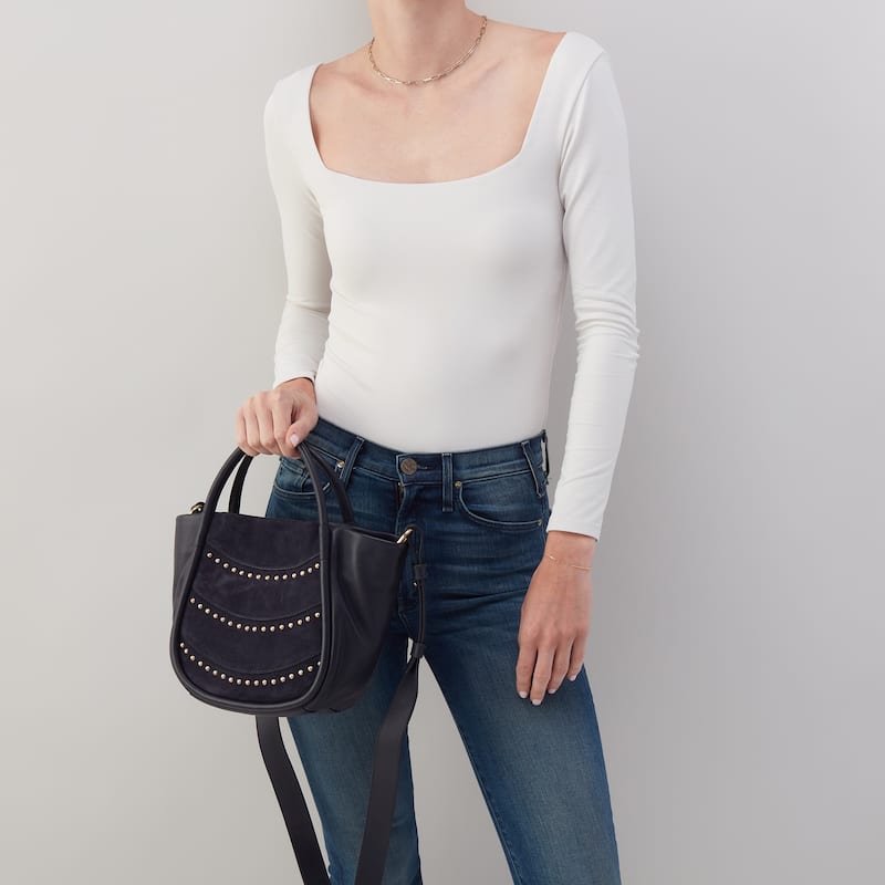 HOBO Margot Studded Suede and Leather Satchel Bag - Navy